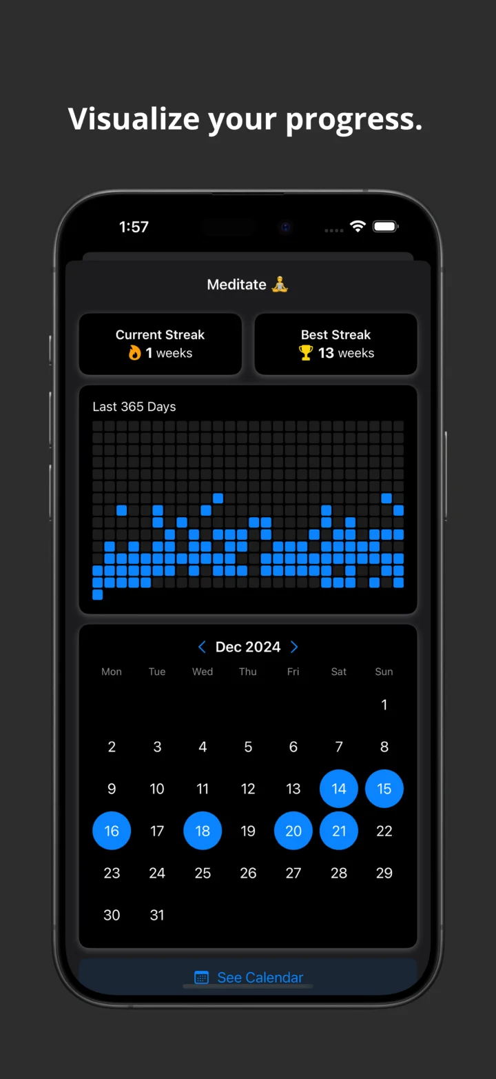 Virtue habit detail: current streak, best streak, a 365-day heatmap and a monthly calendar of completed days
